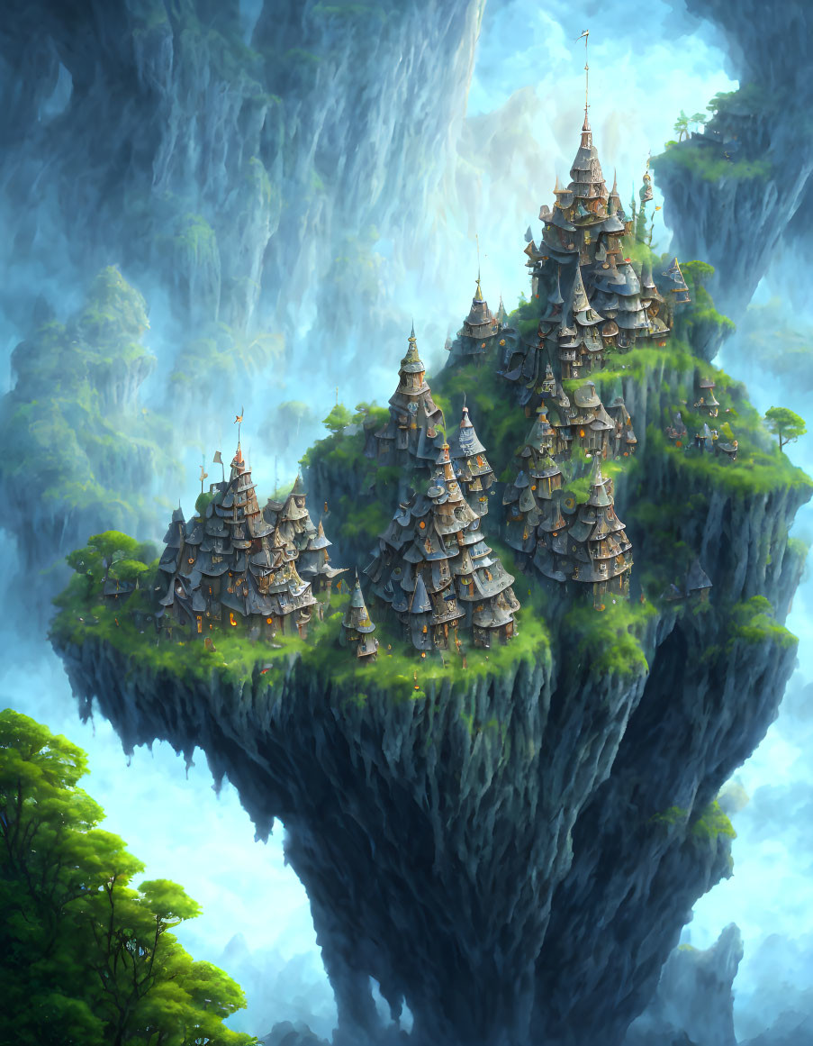 Fantastical floating island with lush greenery and medieval structures