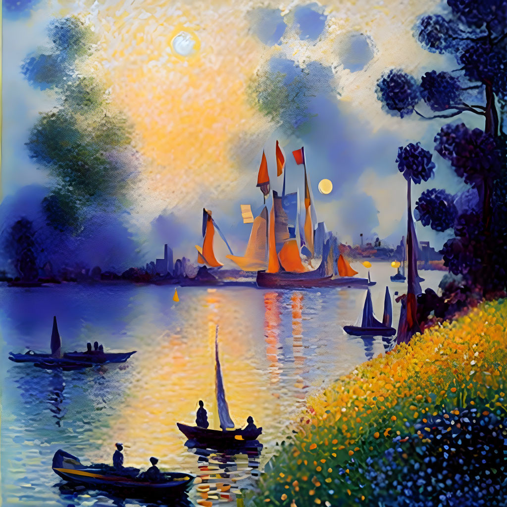 Boats at Sunset: Impressionist Painting of Shimmering Water