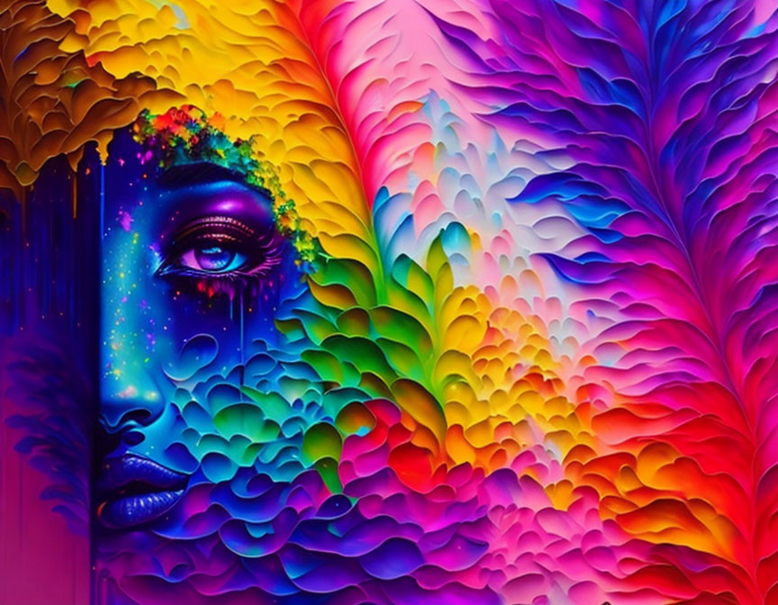 Colorful Abstract Art: Woman's Face with Cosmic and Floral Elements