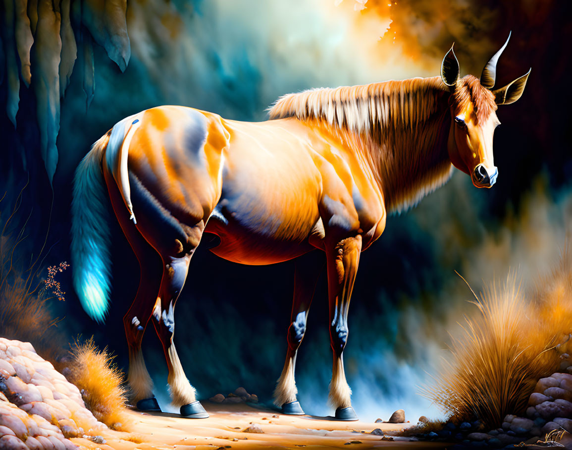 Muscular golden brown horse in cave with blue and orange light.