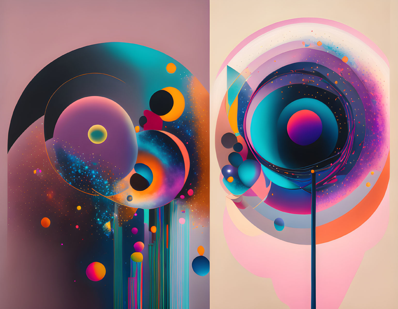 Vibrant abstract cosmic artwork with swirls and circular patterns