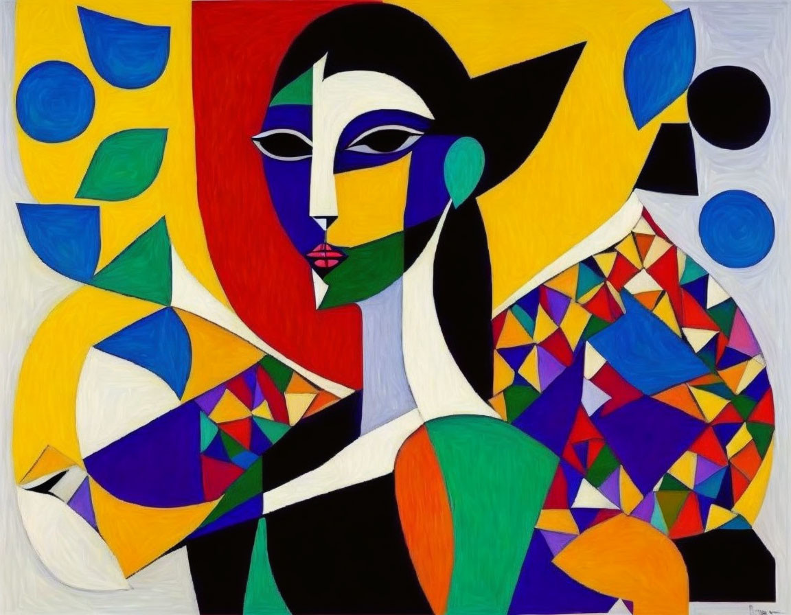 Vibrant abstract painting: stylized female figure, geometric shapes, contrasting colors