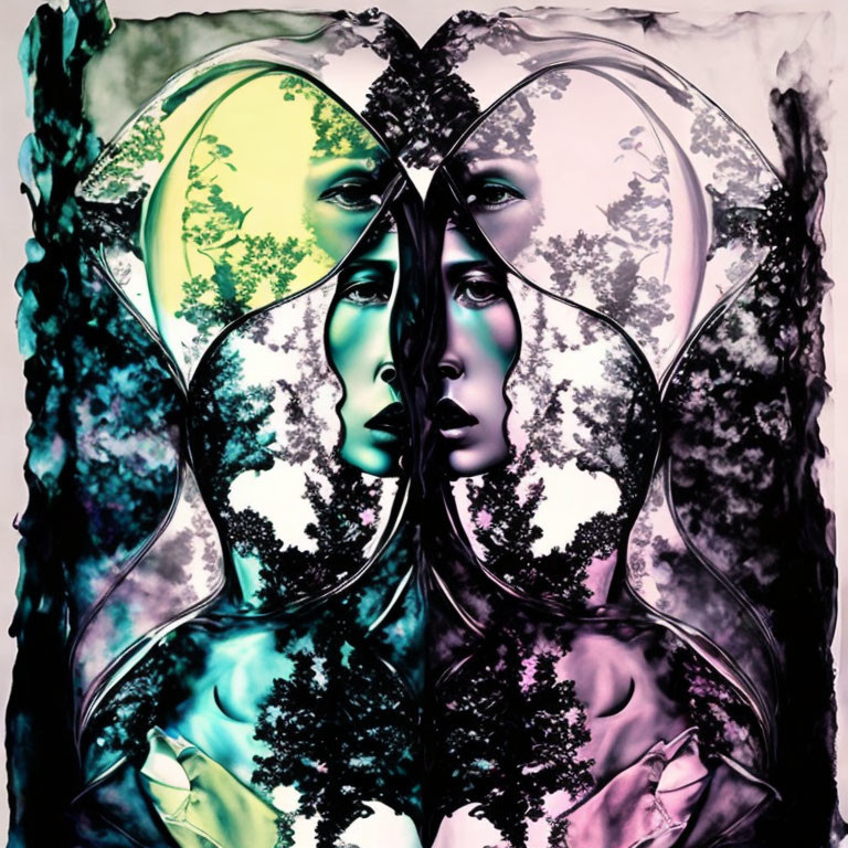 Symmetrical abstract art: human-like faces, tree silhouettes, vibrant patterns