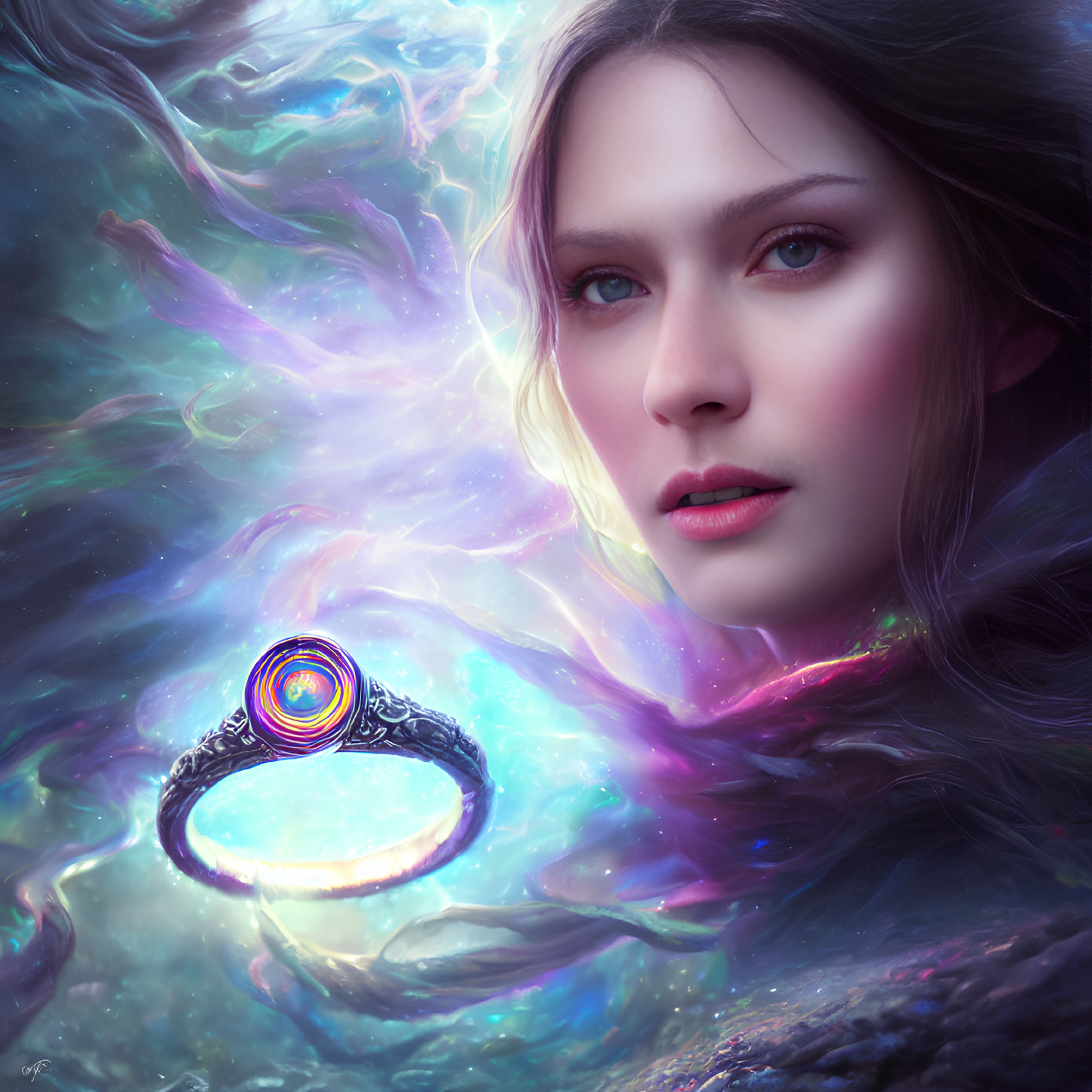 Digital artwork of woman emerging from cosmic nebula with radiant ring and orb