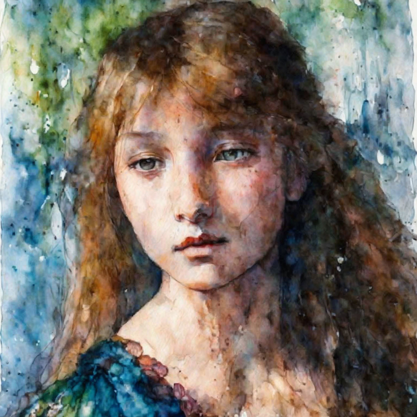 Young person portrait in watercolor with contemplative expression and muted colors