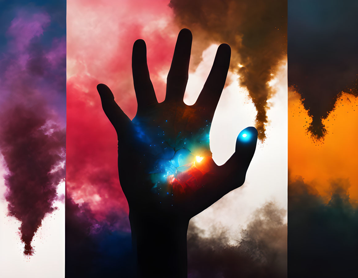 Colorful Cosmic Hand Silhouette Against Nebulae Background