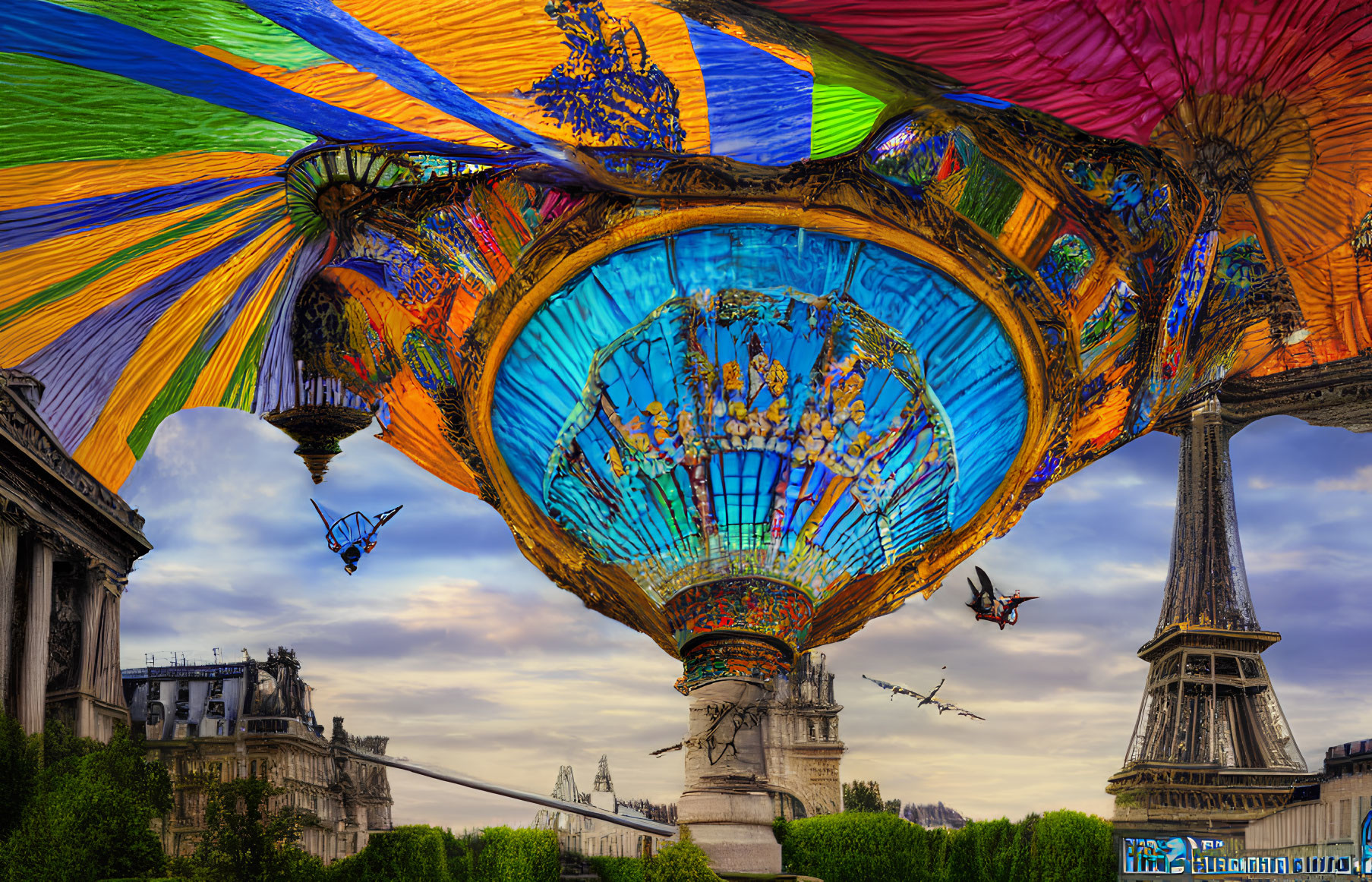 Colorful inverted hot air balloon canopy over Paris skyline with Eiffel Tower, butterflies, and dramatic