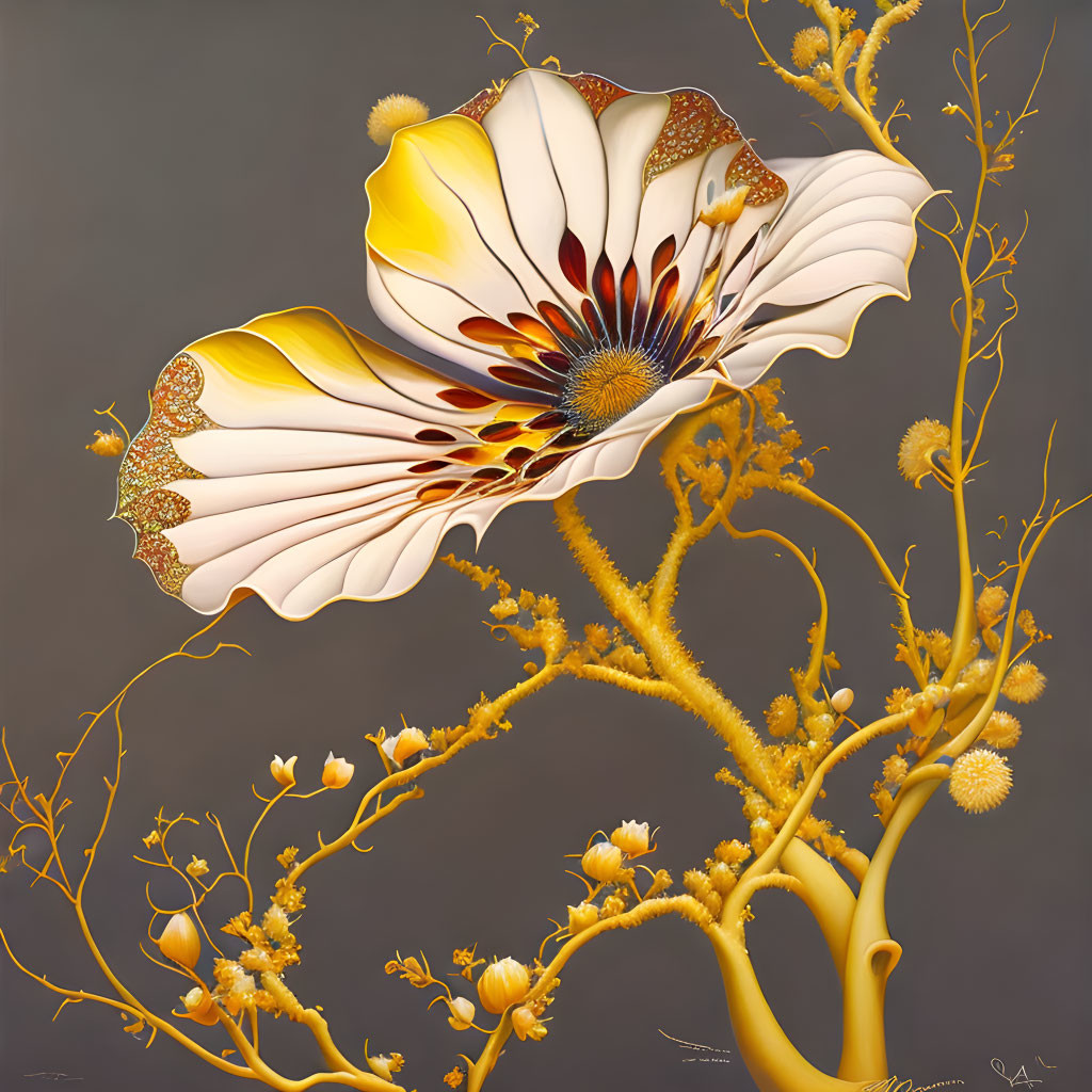 Large surreal white and yellow flower painting on gray background.