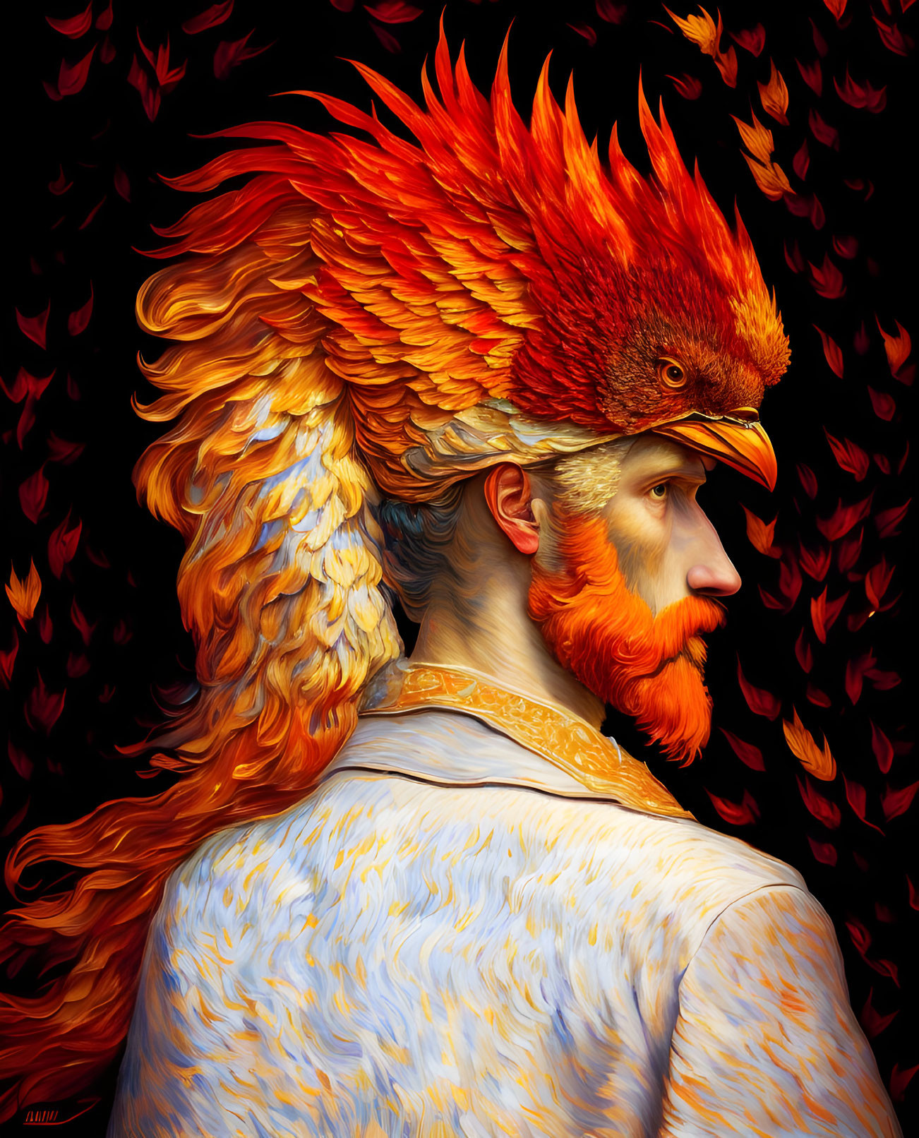 Man's profile merges with fiery phoenix in surreal portrait