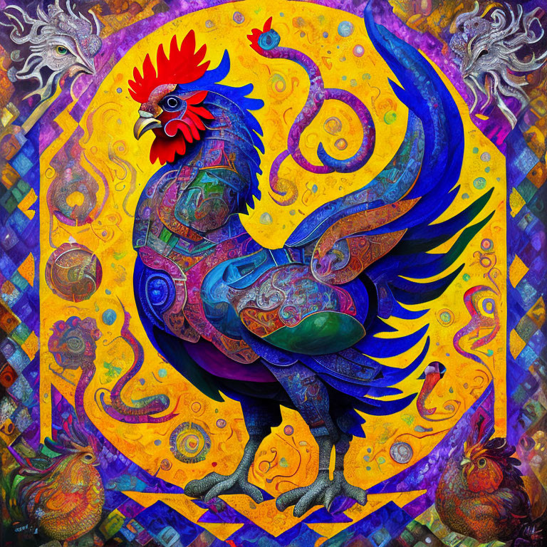 Colorful Rooster Painting with Intricate Designs and Symbols