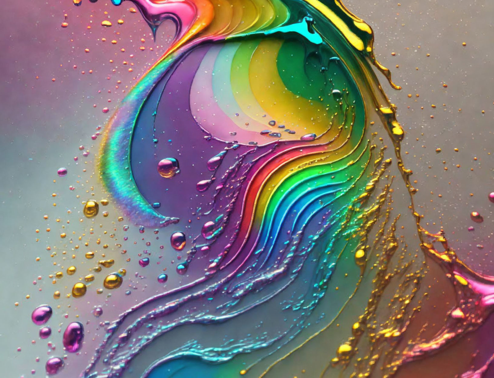 Rainbow swirl with iridescent droplets on smooth surface