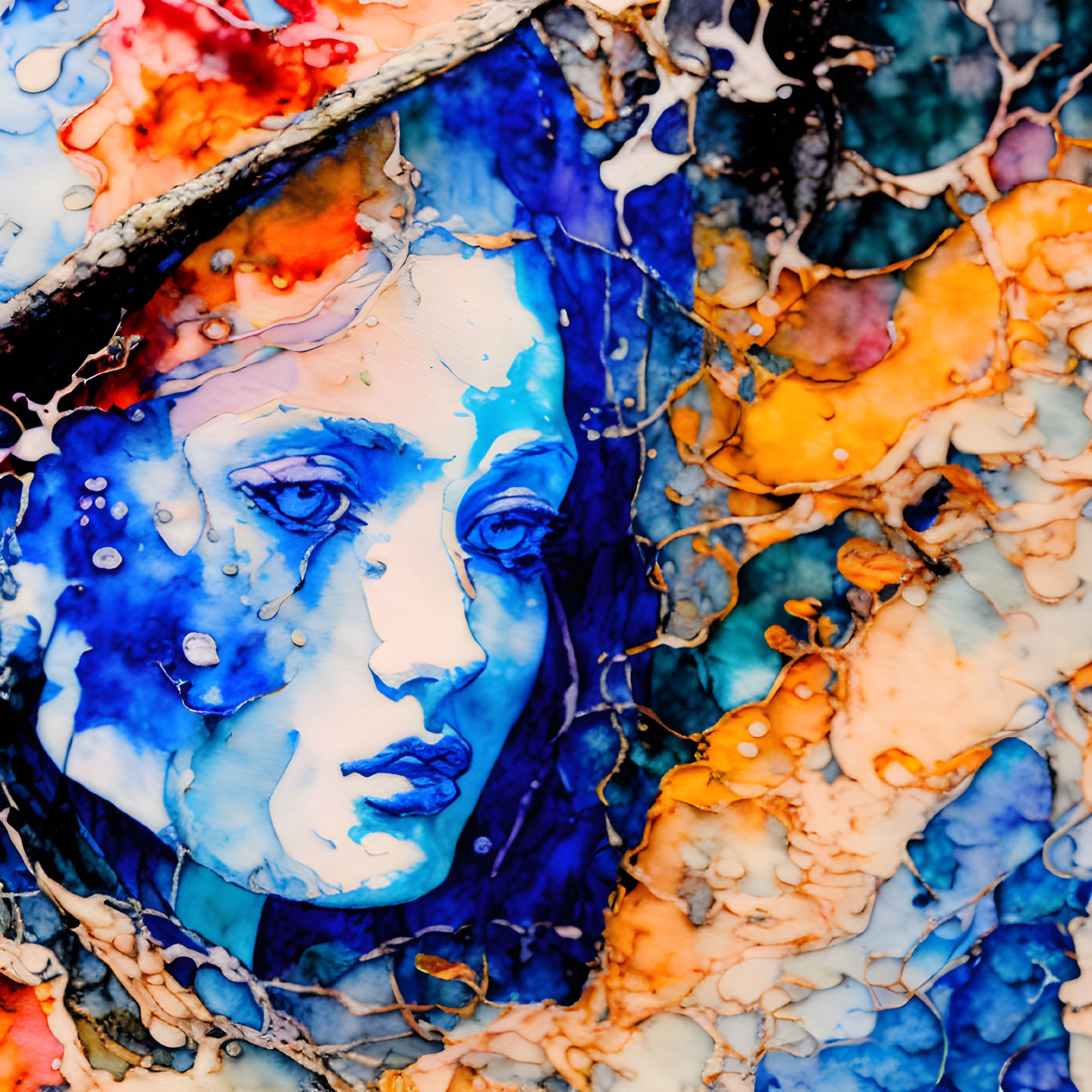 Colorful abstract art: Woman's face blends into vibrant blue pattern