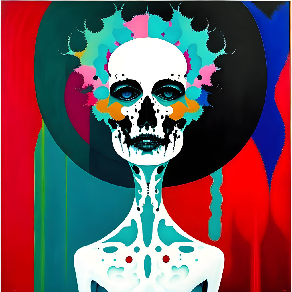 Colorful Skeleton Figure Painting on Bold Red and Blue Background