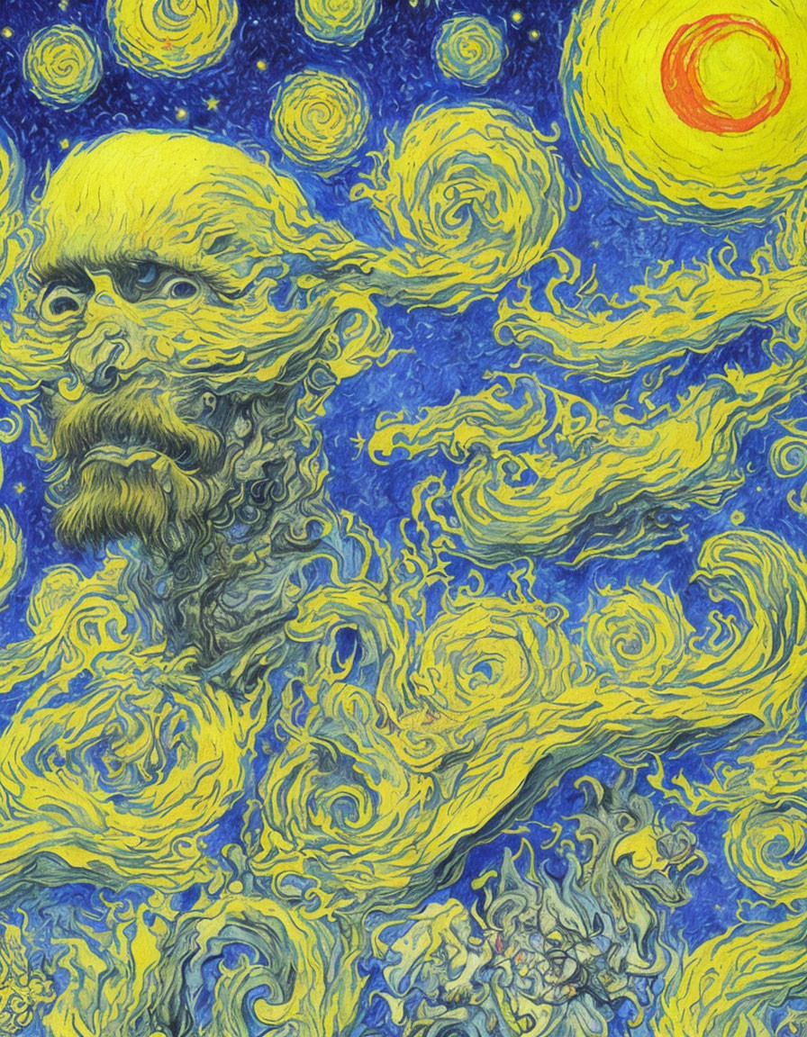 Swirl Patterned Sky with Bearded Man's Face in Starry Night Background