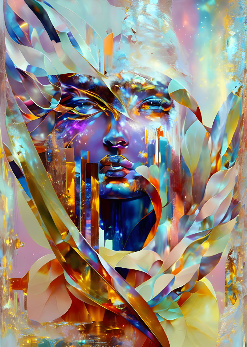 Surreal cosmic face in blue, gold, white hues