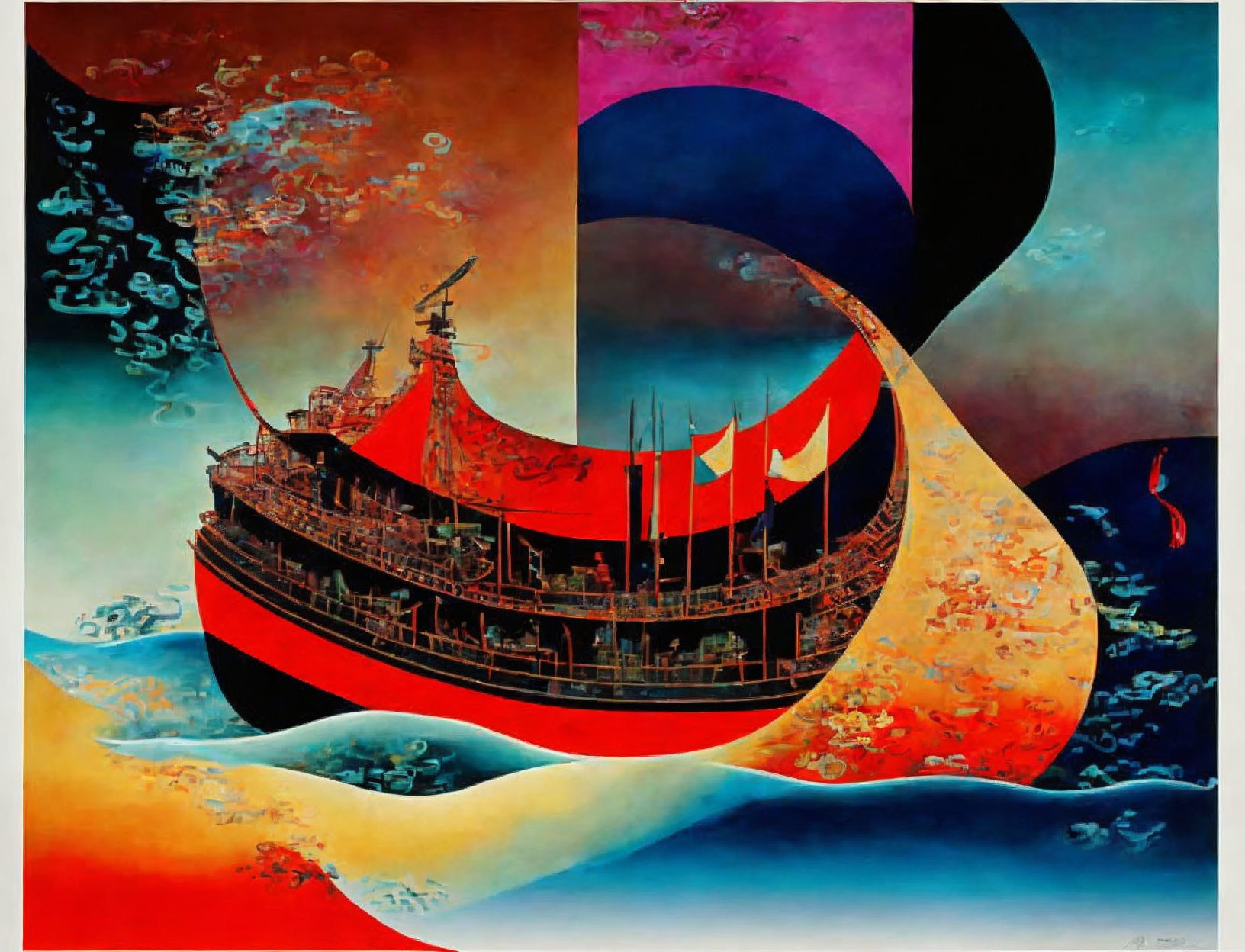 Surrealist image of traditional ship in colorful seascape