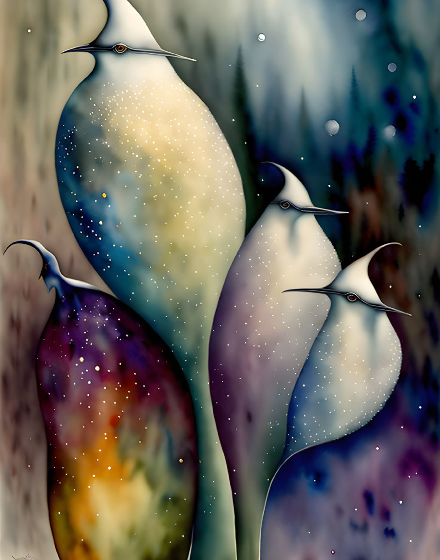 Vibrant penguin-like creatures in cosmic setting.