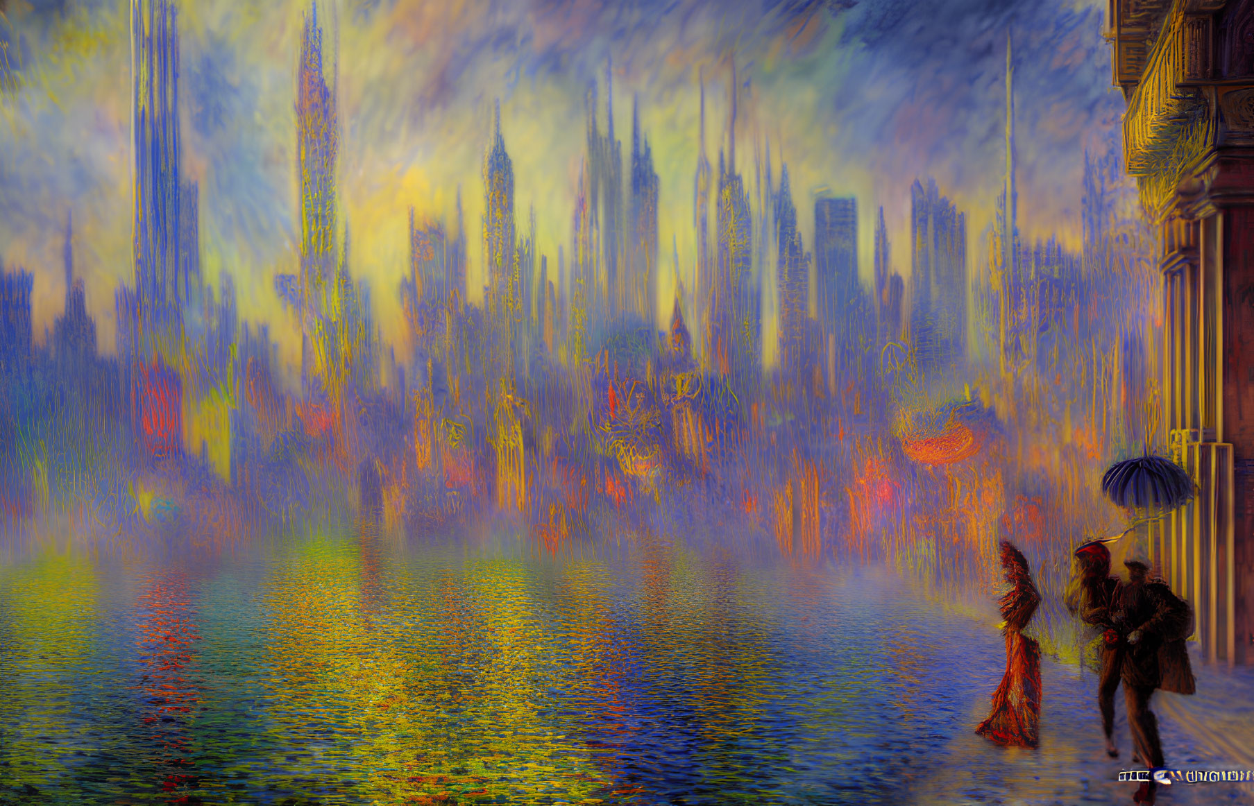 Vibrant impressionist cityscape with figures and skyscrapers