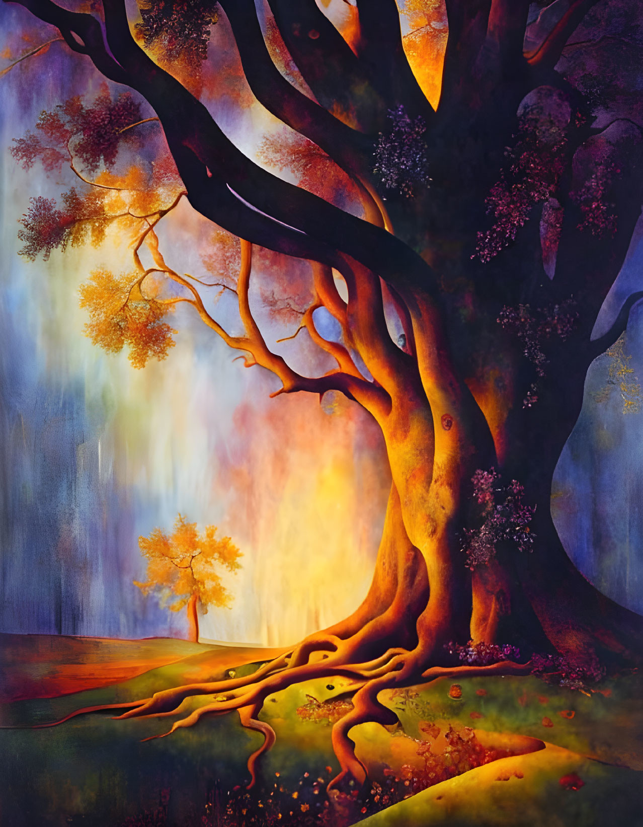 Colorful whimsical tree painting on dreamy background