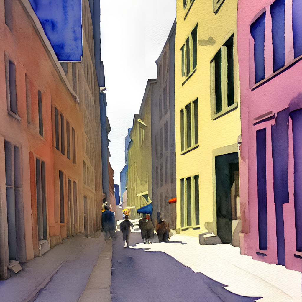 Vibrant city street watercolor painting with colorful buildings and pedestrians.