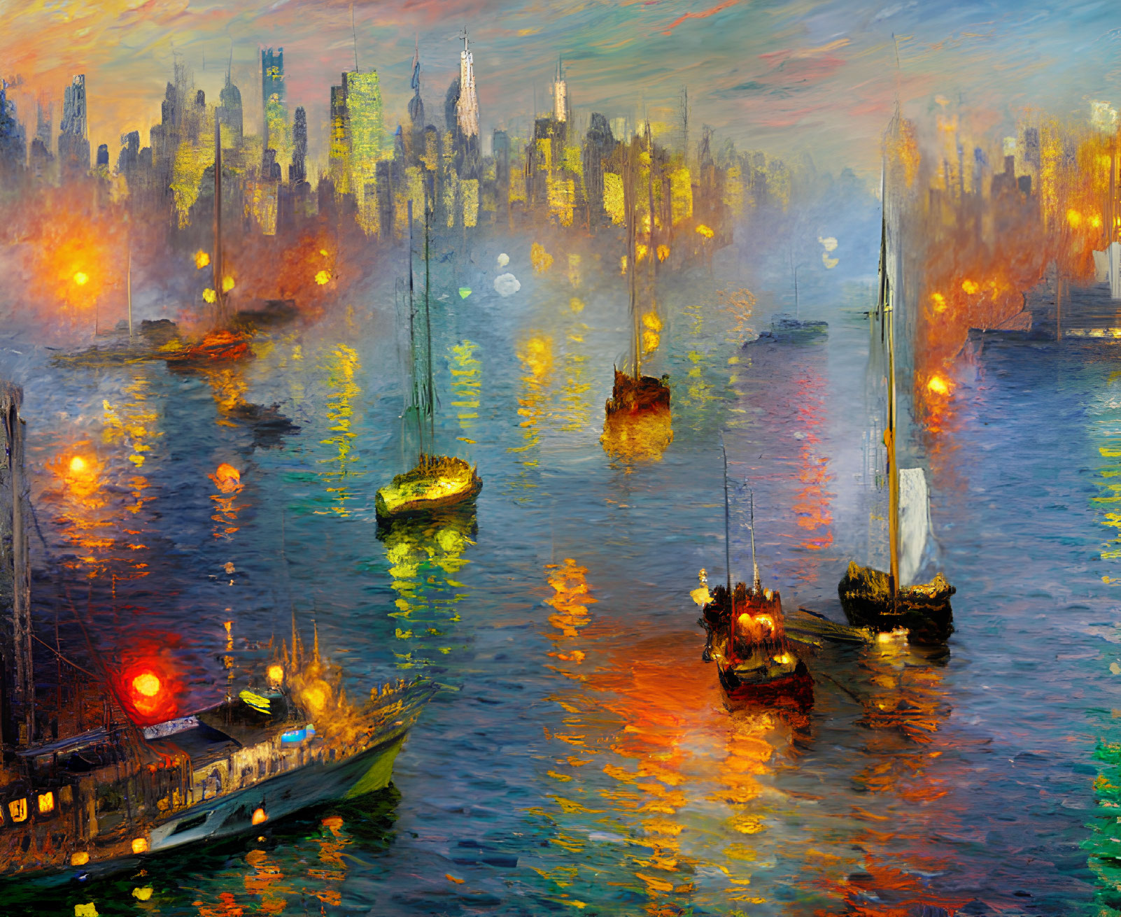 Impressionistic painting of bustling harbor at dusk