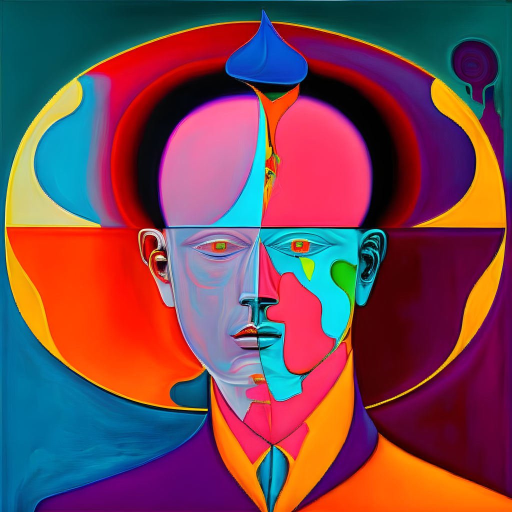 Symmetrical face portrait with colorful teardrop and gradient background