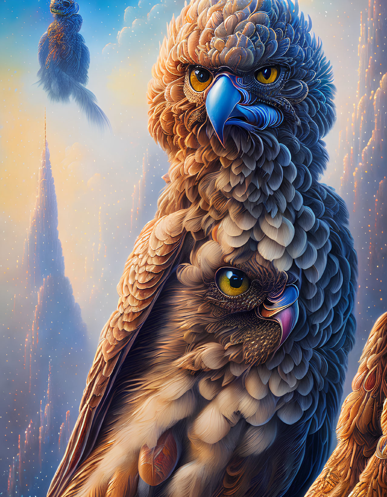 Detailed digital artwork of fantastical birds against glowing spires