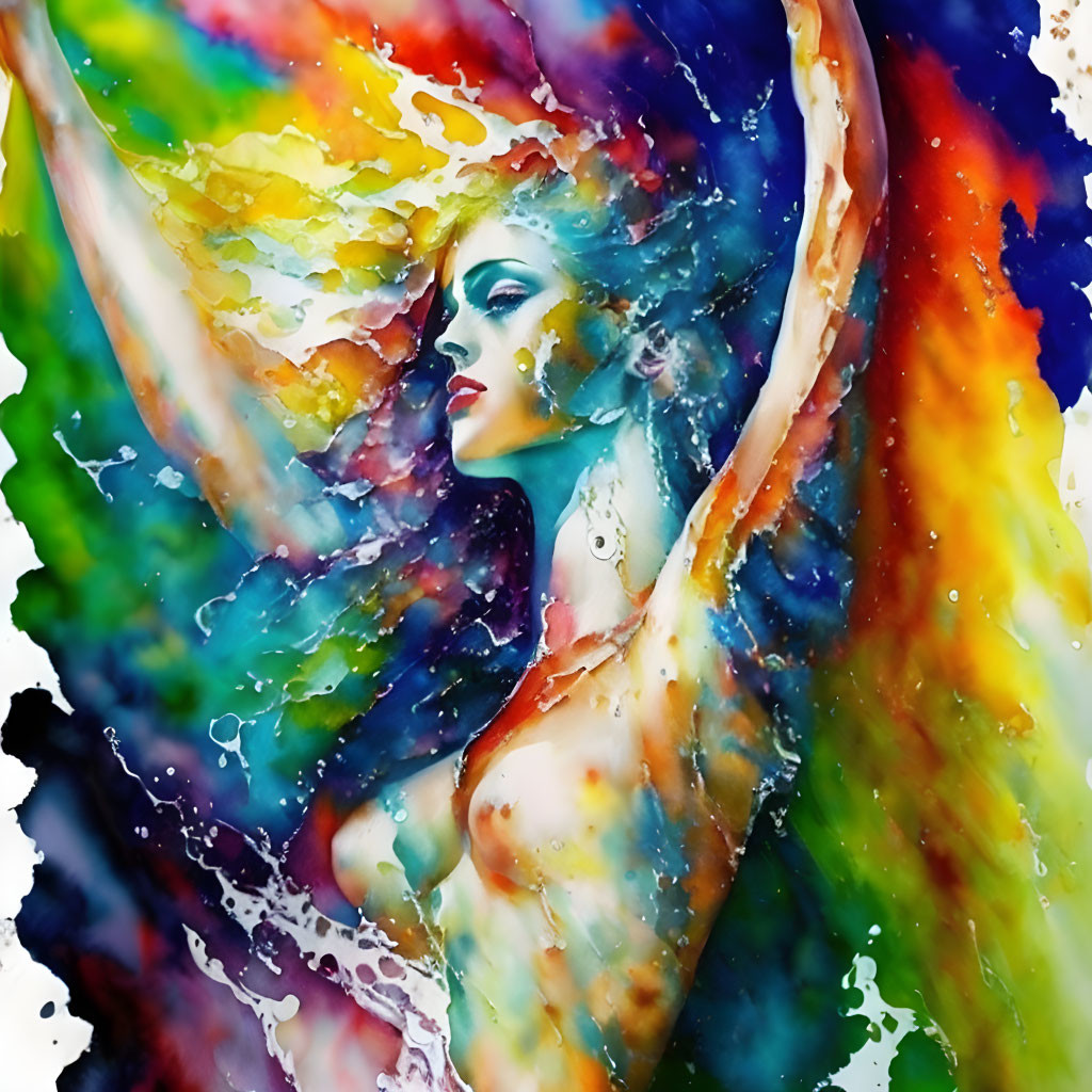 Colorful watercolor painting of woman with raised arms in rainbow hues