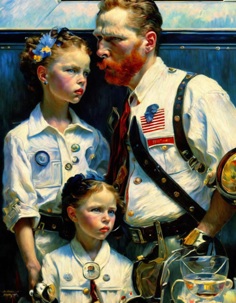 Portrait of man with red beard in steampunk attire, American flag patch, observing two girls with