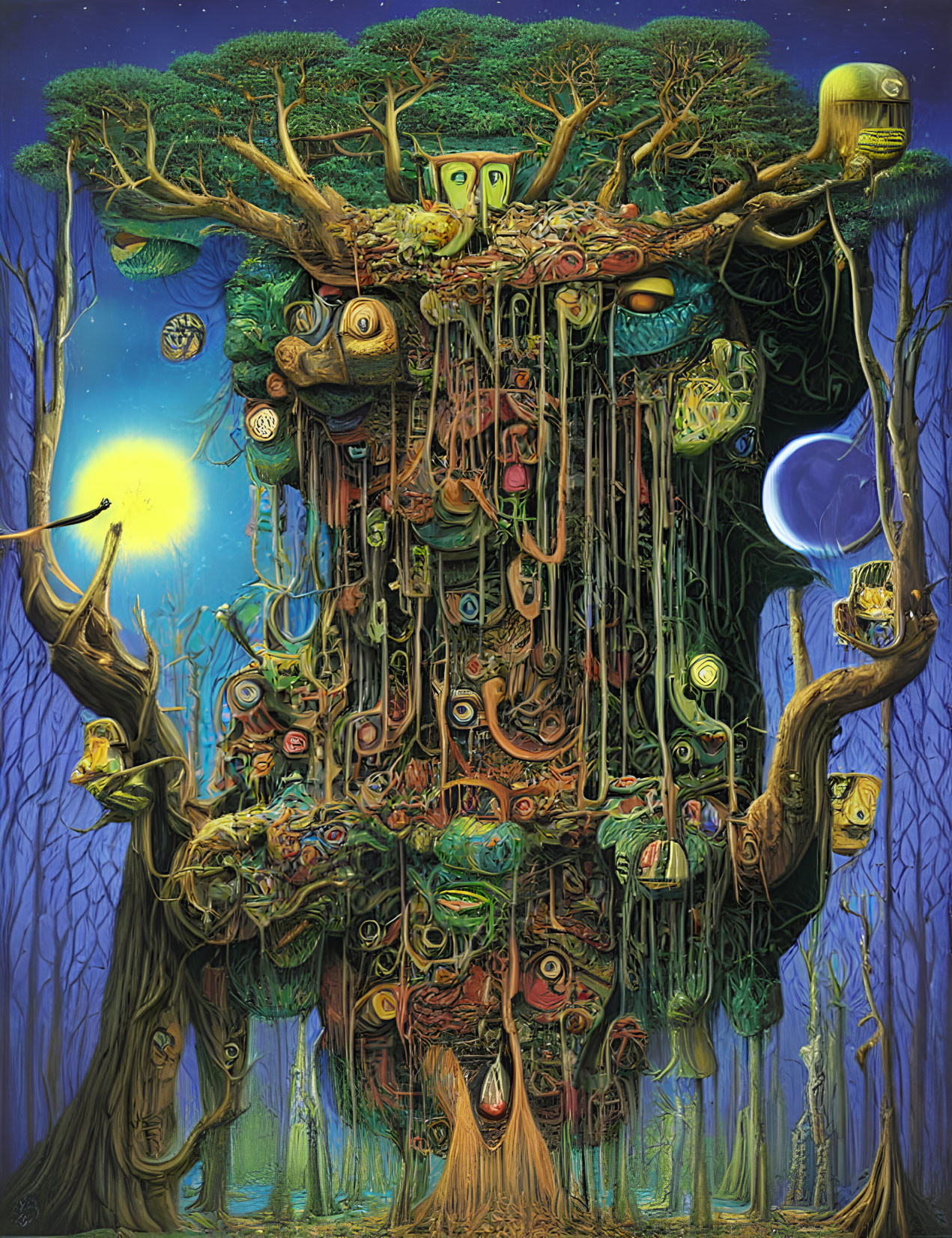 Surreal tree with faces, clocks, and glowing orbs in twilight forest