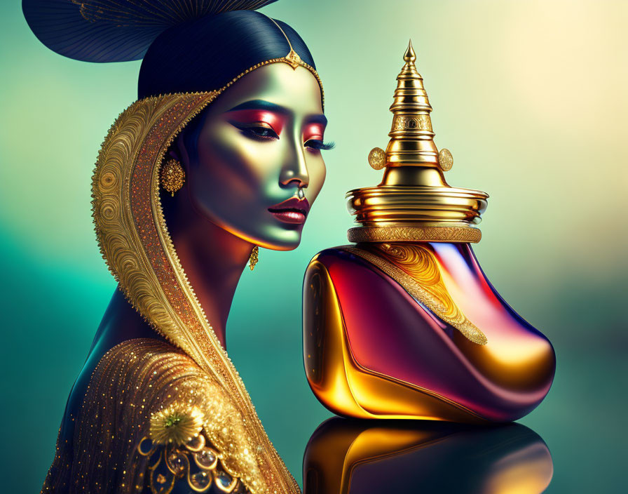 Digital illustration of woman with golden jewelry and perfume bottle on teal background