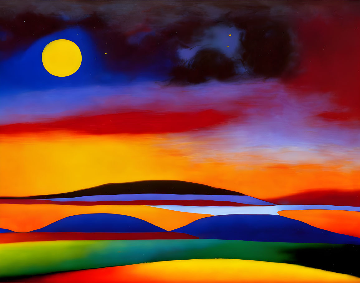 Abstract Landscape Painting with Bold Colors and Transitioning Sky