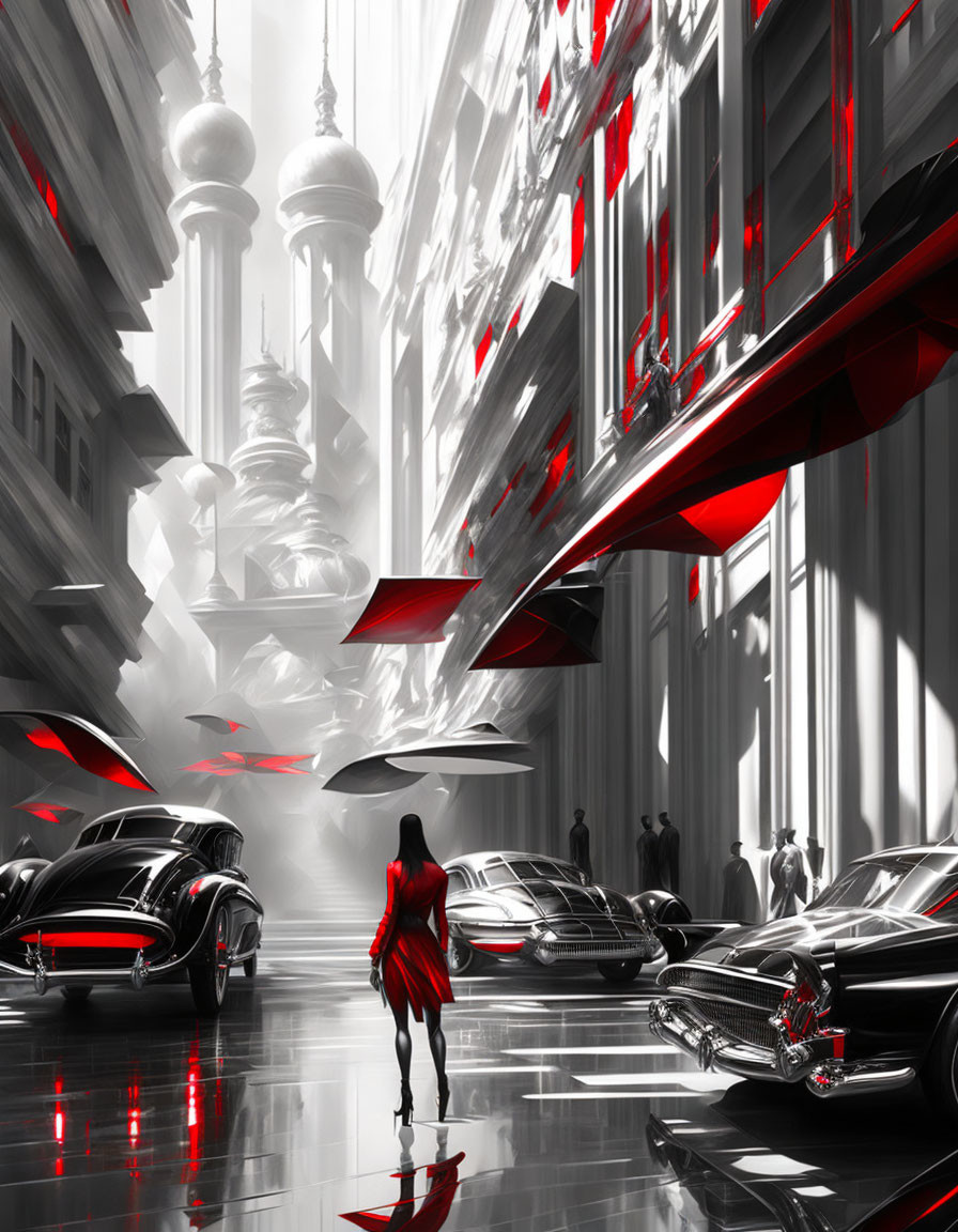 Person in red dress walking in futuristic cityscape with vehicles and tall buildings