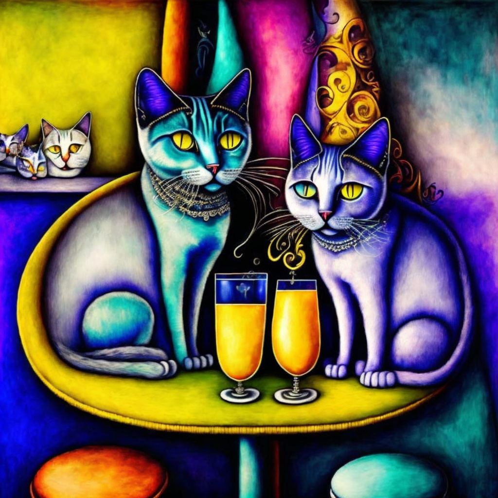 Stylized multicolored cats with human-like eyes at a table with glasses