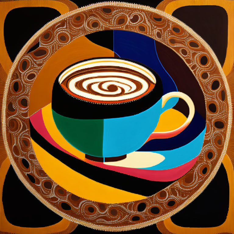 Colorful abstract coffee cup illustration on dark background with swirling design.