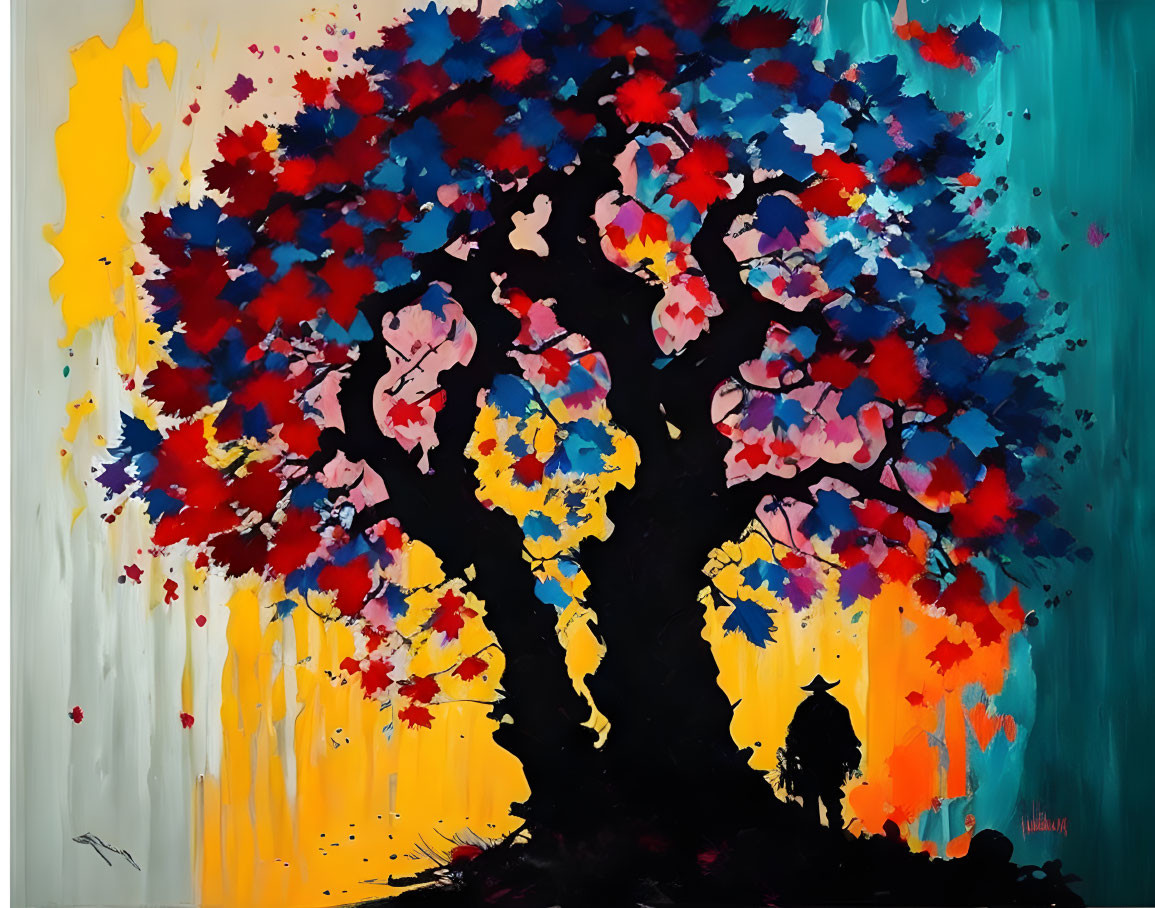 Vibrant tree painting with red, blue, and yellow leaves on white background