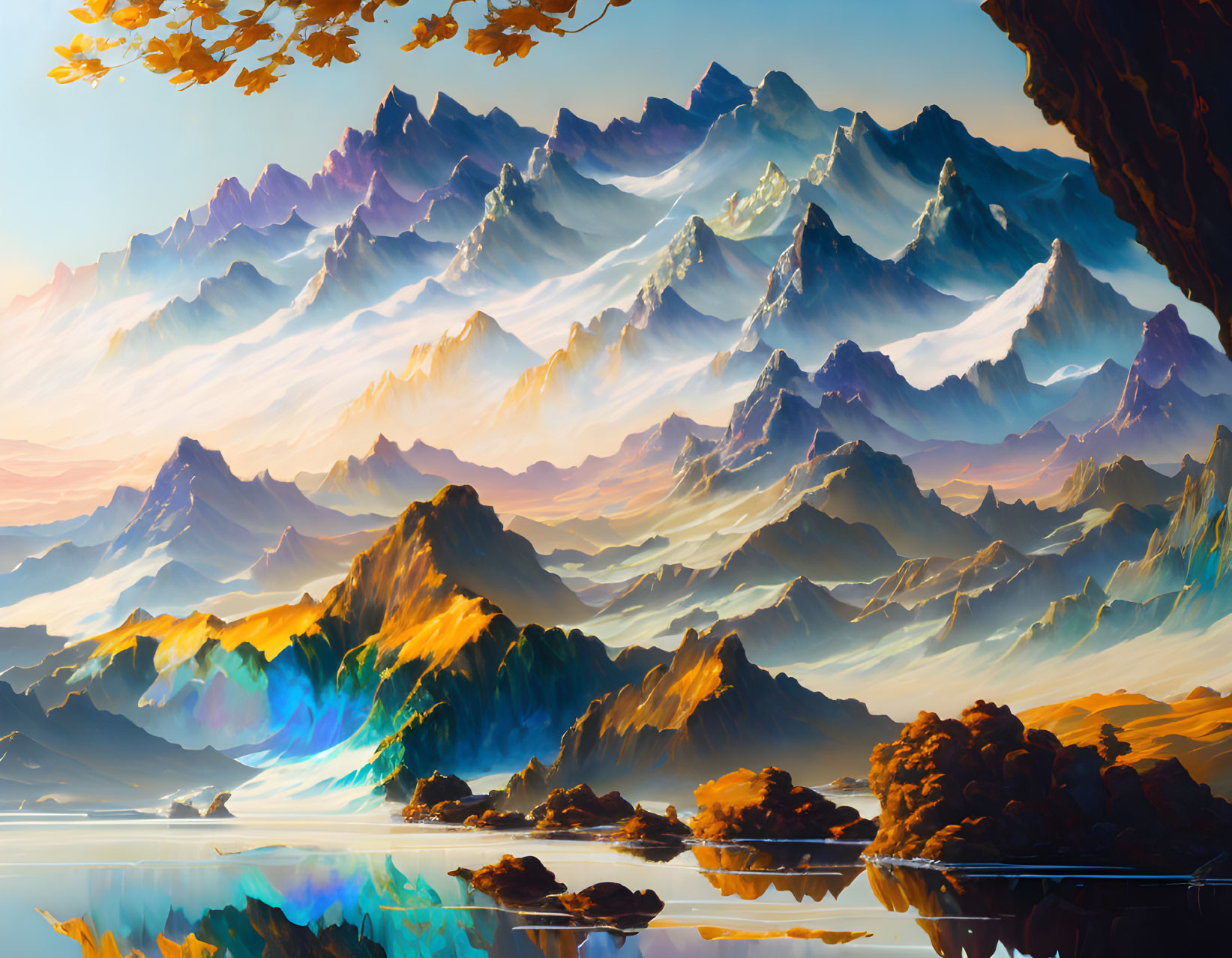 Vibrant digital art: Layered mountains, warm colors, tranquil lake.