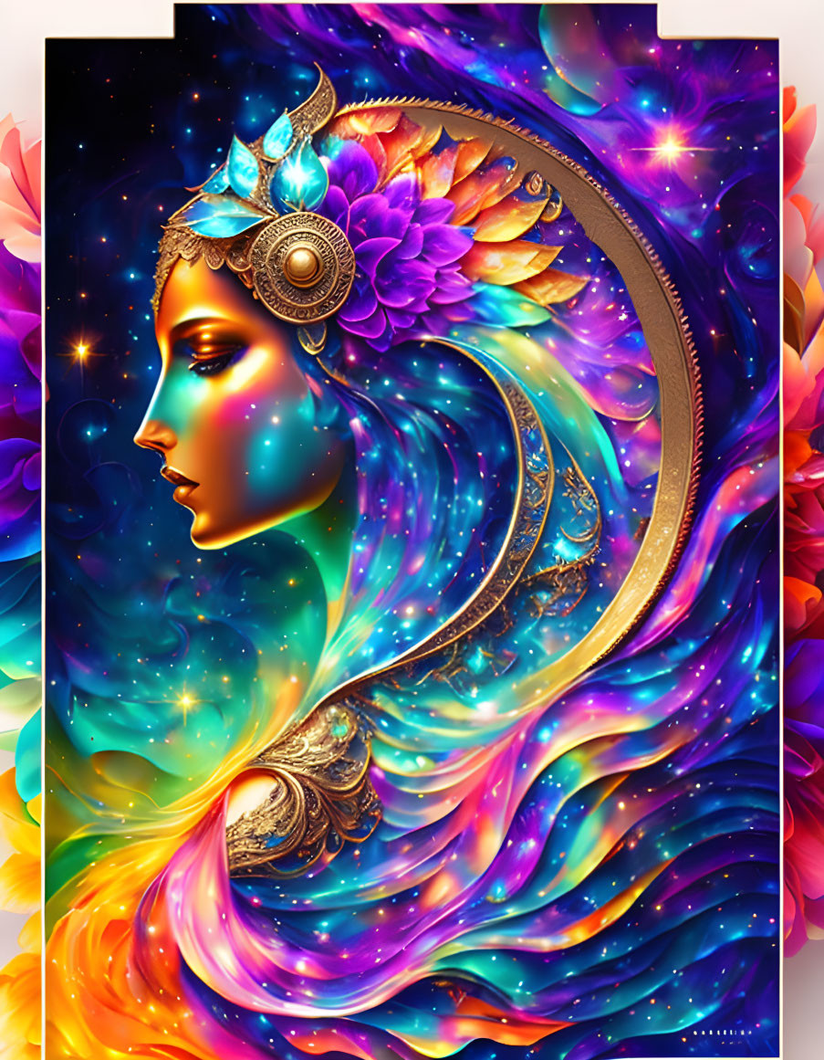 Colorful artwork: woman with cosmic and floral motifs in vivid colors