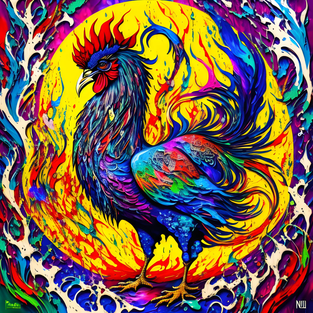 Colorful Rooster Artwork with Exaggerated Plumage in Fiery Reds, Blues, and