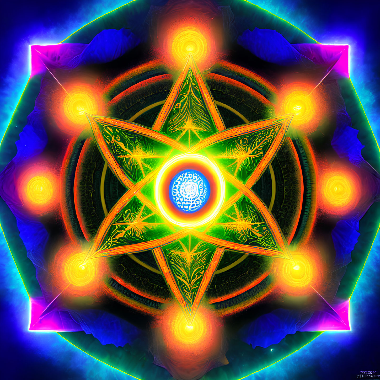 Digital Artwork: Luminous Eight-Pointed Star in Neon Border