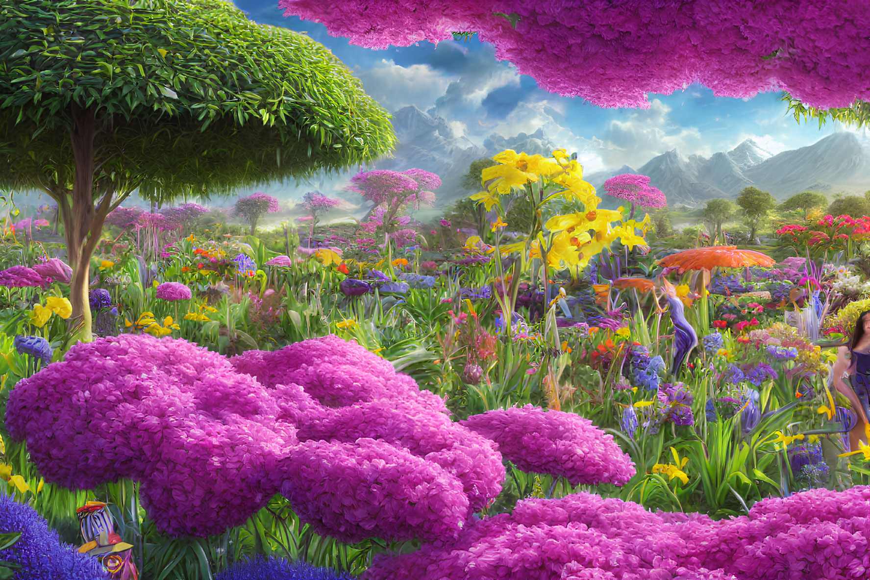 Colorful fantasy garden with oversized pink flowers and lush greenery