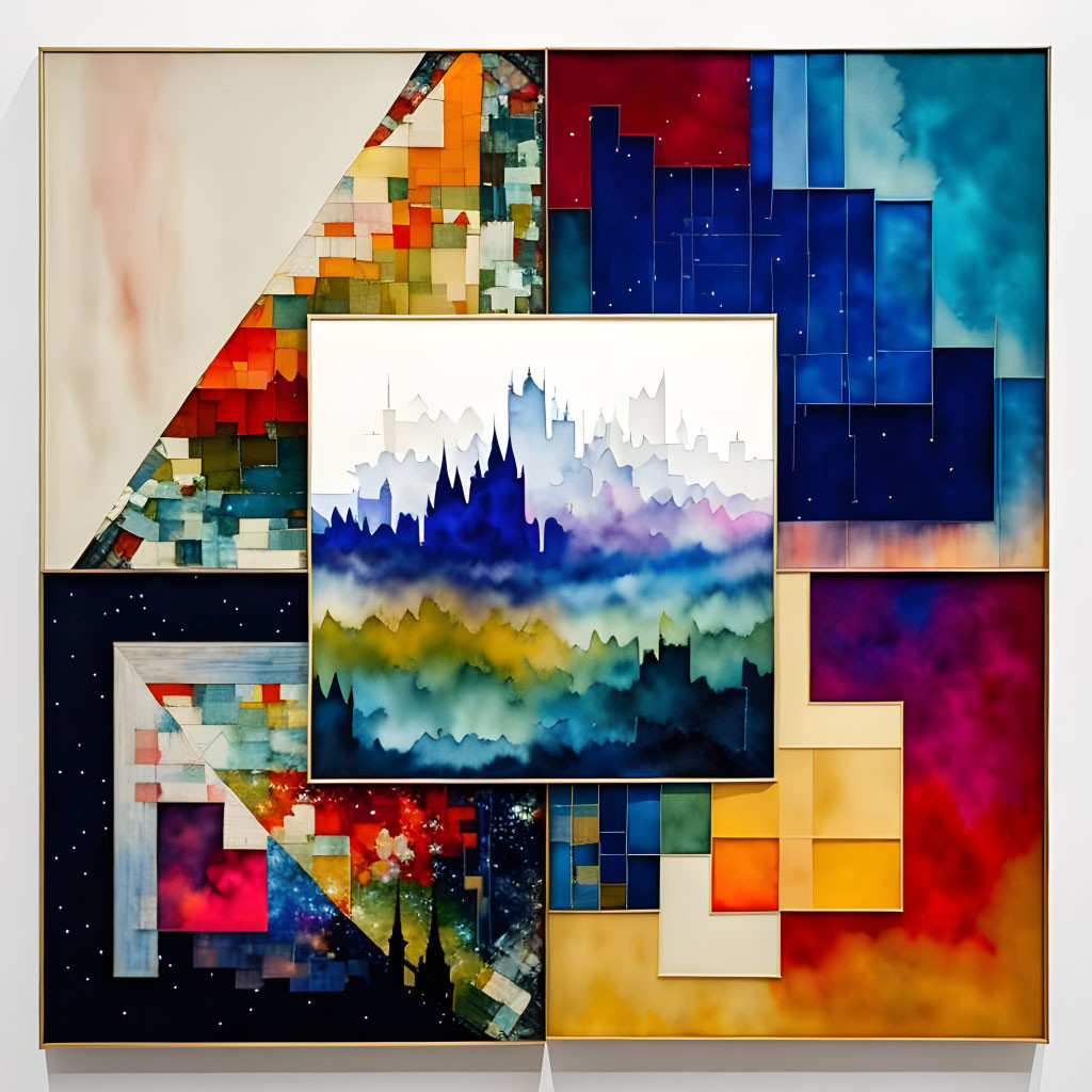 Colorful Abstract Geometric Painting with City Skyline Silhouette