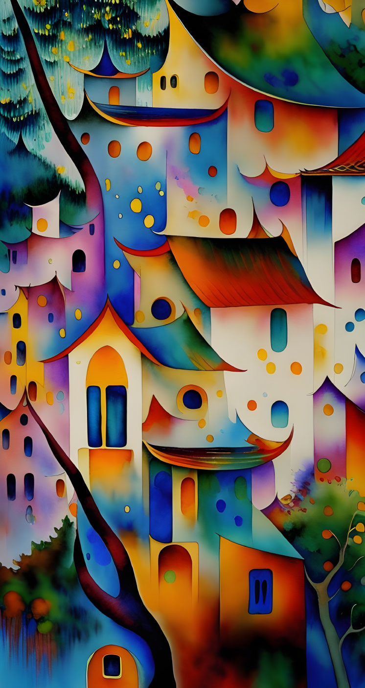 Colorful Painting of Whimsical Village with Curved Buildings