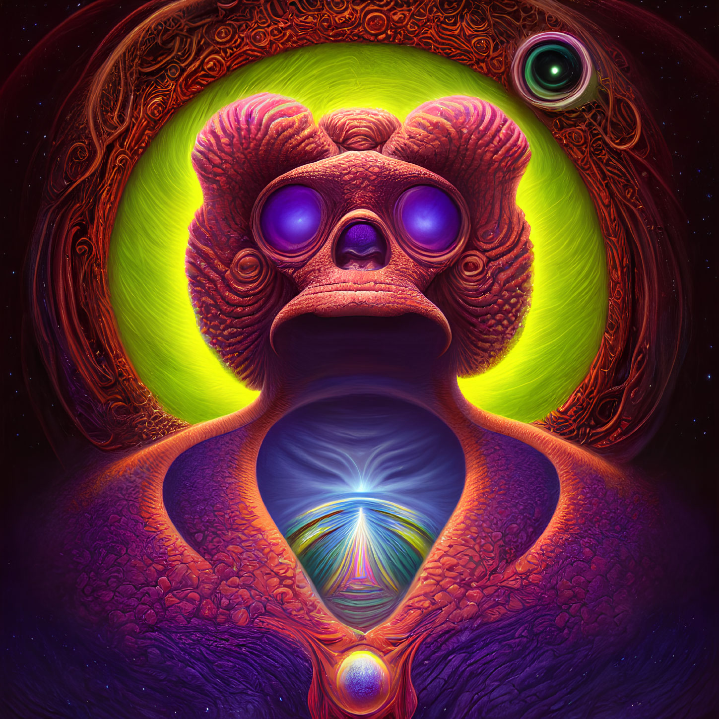 Colorful psychedelic art: otherworldly entity with purple eyes in intricate patterns