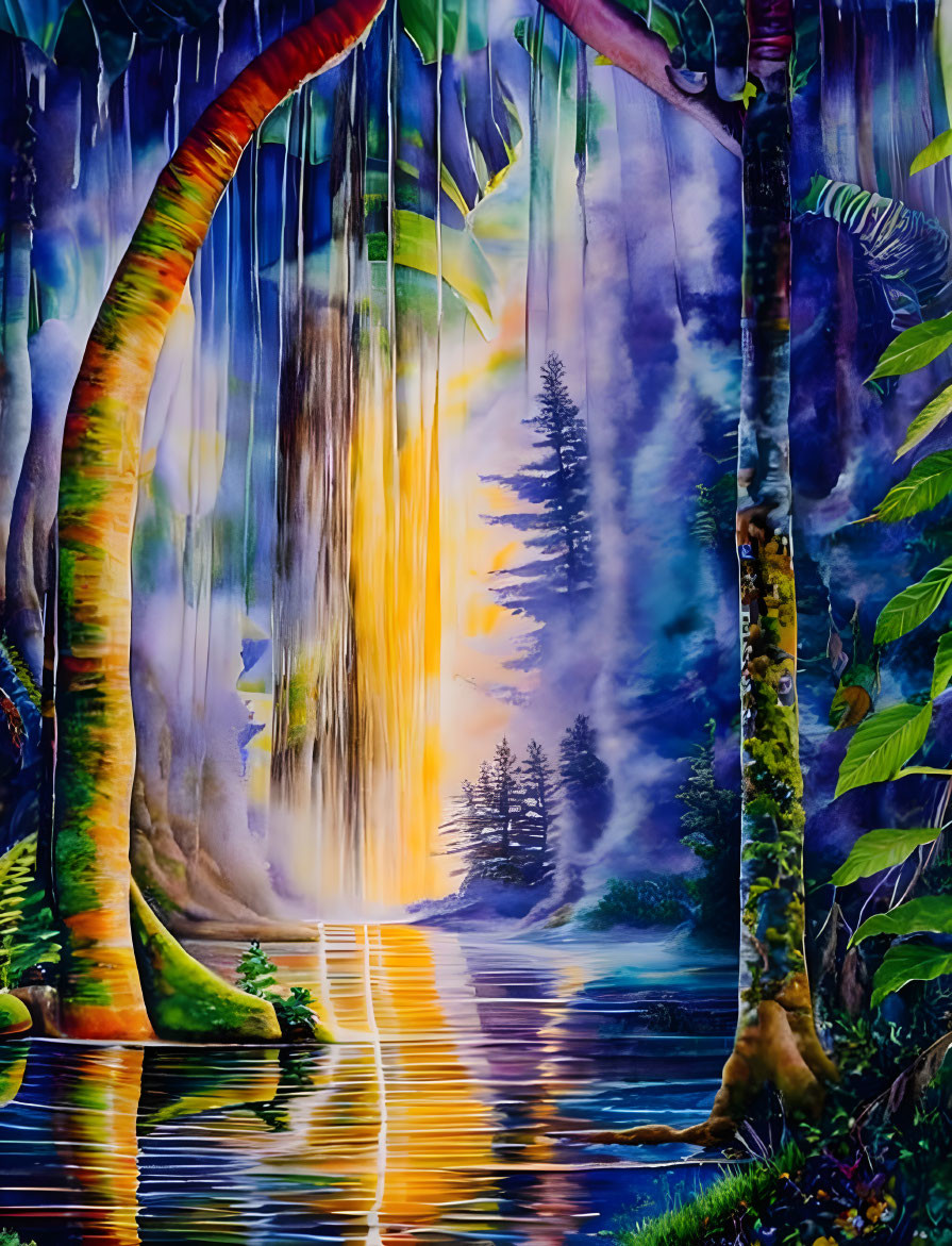 Lush Tropical Forest Waterfall Painting