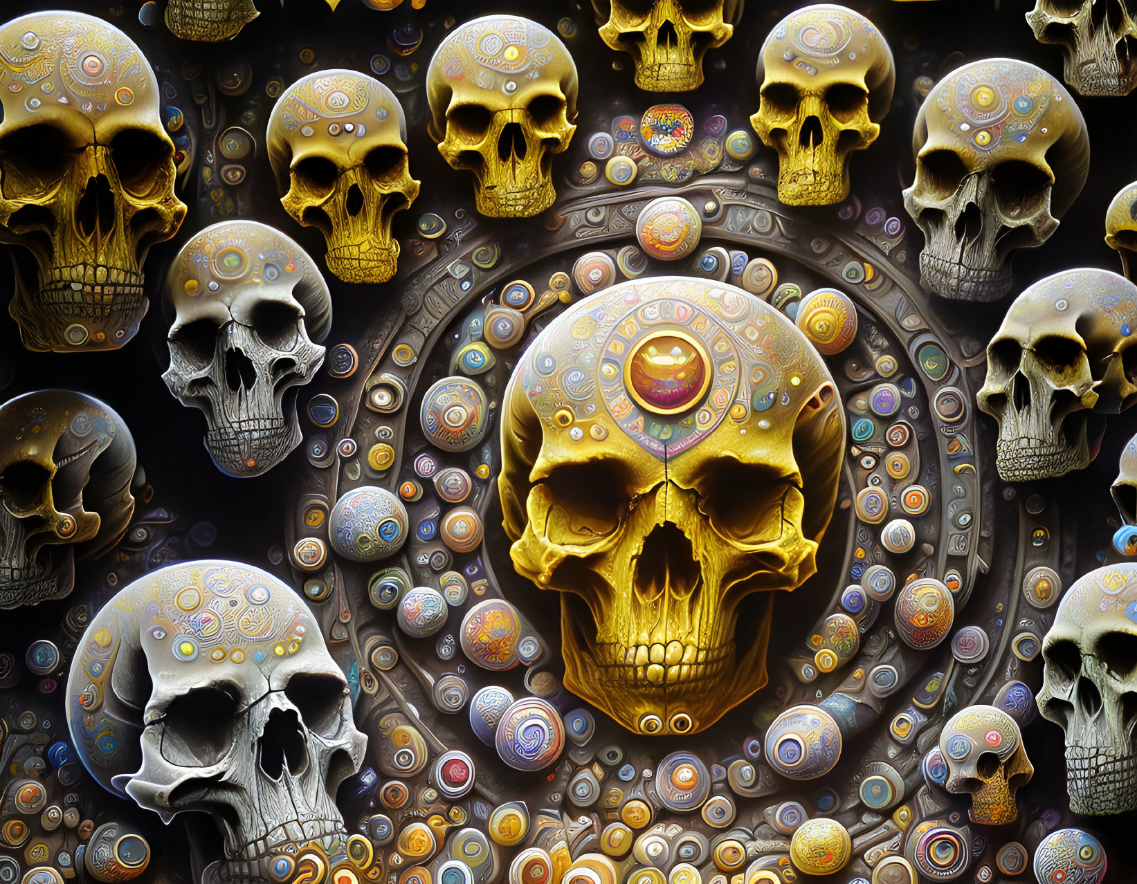 Colorful Artwork Featuring Large Gold Skull and Intricate Designs