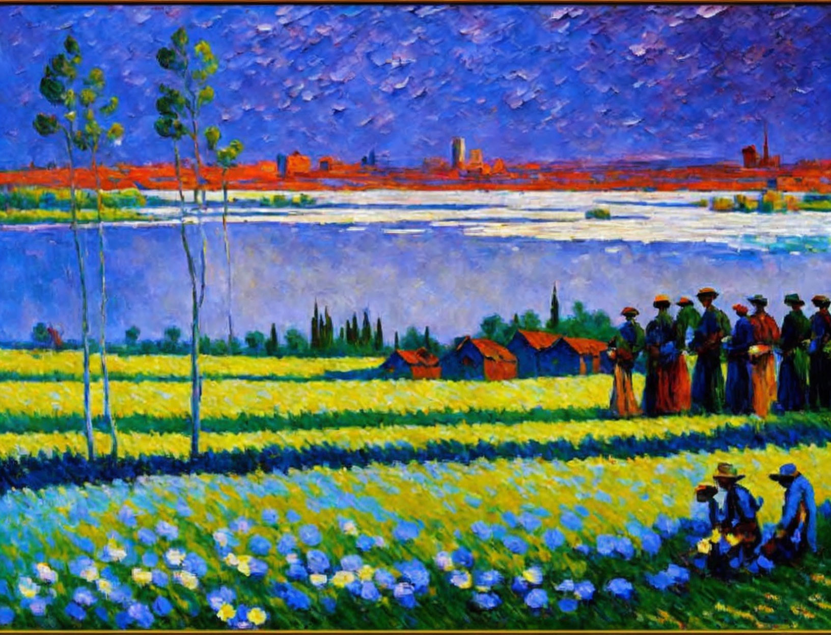 Colorful impressionist painting of landscape with people, flowers, trees, and city skyline.