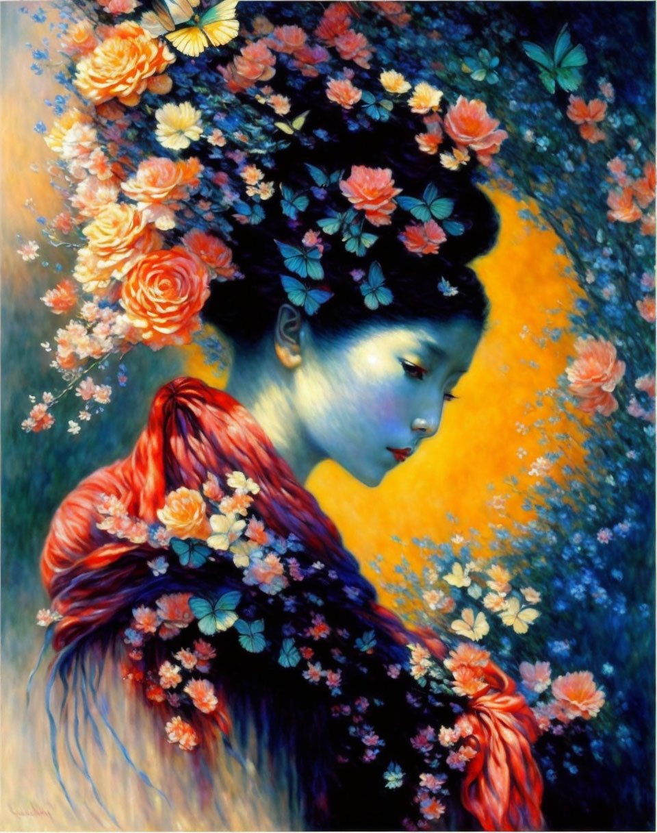 Colorful painting of woman with floral and butterfly hairstyle and orange halo, wearing coral shawl.