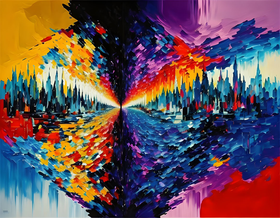 Colorful Symmetrical Abstract Painting with Cosmic Burst and Brushstroke Textures