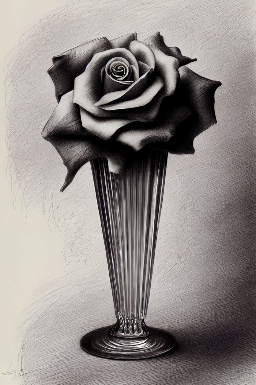 Detailed black and white pencil drawing of large intricate rose on tall slender vase against shaded background